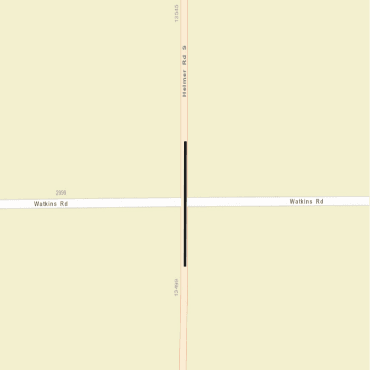 A city street map showing the northbound lane shift on Helmer Road at Watkins Road.
