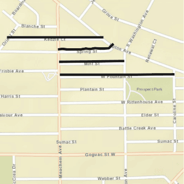 A city street map showing upcoming milling projects as black lines.
