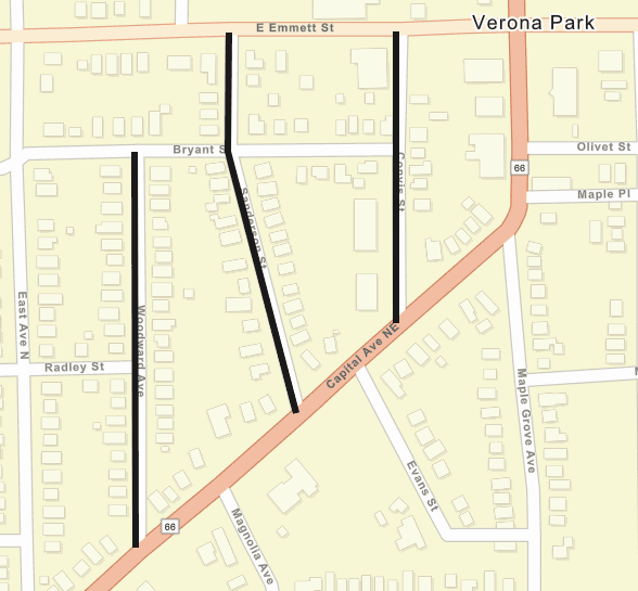 A city street map showing paving projects as black lines on Convis St, Sanderson St, & Woodward Ave.