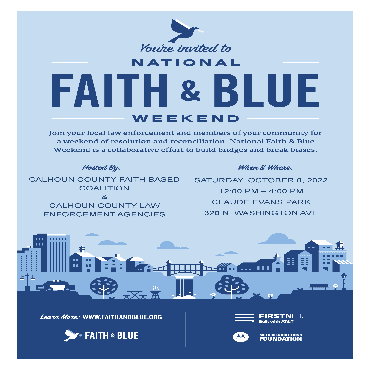 A flyer with event details for the 2022 Faith and Blue event.