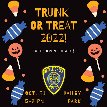 A flyer detailing the date, time, and location of the 2022 Trunk or Treat event.