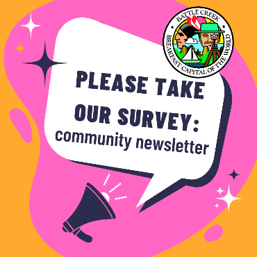 Pink and orange design with speech bubble saying 