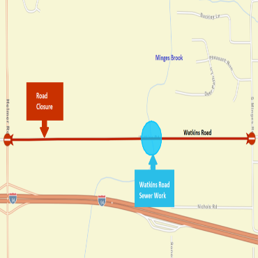 A city street map showing the sewer project as a blue circle.