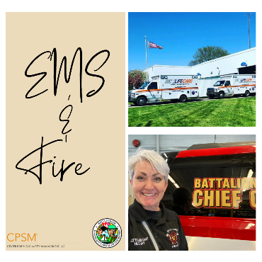 LifeCare ambulances parked by their building and Fire battalion chief posing by a fire vehicle