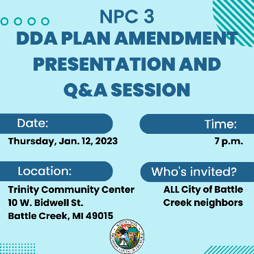 A flyer that details the date, time, location, and who's invited for the NPC 3 DDA presentation.