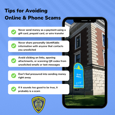 A cellphone with a photo of City Hall, next to text bubbles containing the tips to avoiding scams.