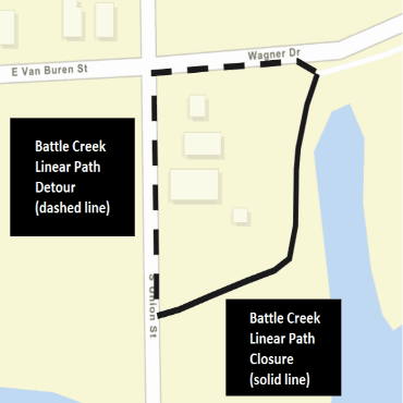 A city street map showing the Battle Creek Linear Path closure (solid line) and detour (dashed line)