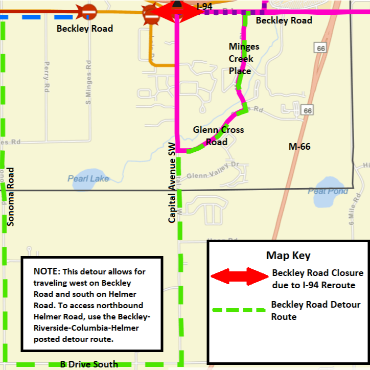 Battle Creek street map showing closure at Beckley Road and Capital SW.