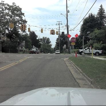A Battle Creek city street map showing the temporary traffic signal/sign changes as a yellow box.
