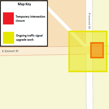 A Battle Creek city street map showing the temporary intersection closure as a red box.