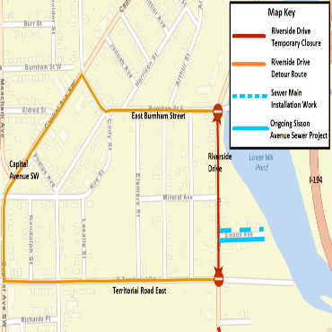 A Battle Creek city street map showing the sewer main installation as a dashed, light blue line.