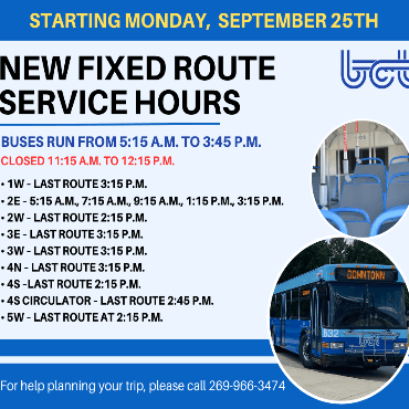 A graphic with the BCT logo and the list of the new BCT fixed-route schedule listed.