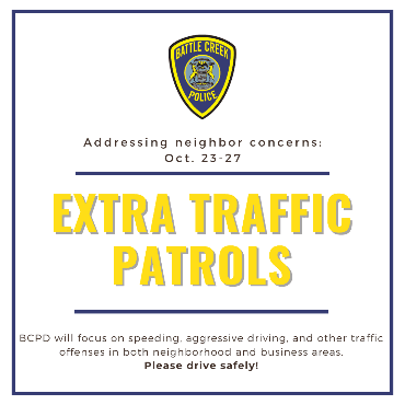 Police badge logo with text from post about extra traffic patrols.