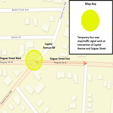 A Battle Creek city street map showing the temporary four-way stop as a yellow circle.