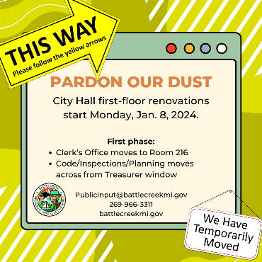 Graphic in yellow tones about office changes during City Hall renovations.