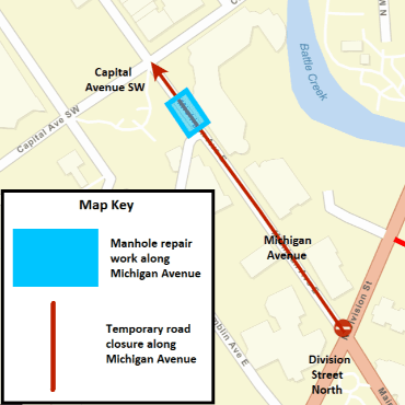 A Battle Creek city street map showing the manhole repair work and temporary road closure.