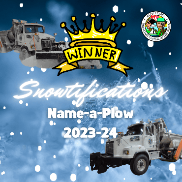 Snowy graphic with two cutout snowplows and a winner ribbon at the top.