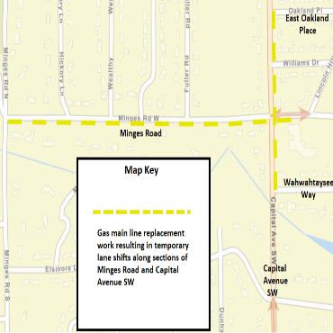 A Battle Creek city street map showing the gas main line replacement work as yellow, dashed lines.