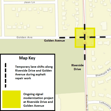A Battle Creek city street map showing the asphalt repair work as dashed black lines.