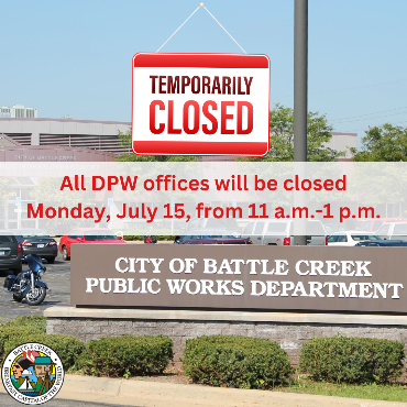 A graphic detailing the temporary closure of all DPW offices on Monday, July 15, from 11 a.m.-1 p.m.