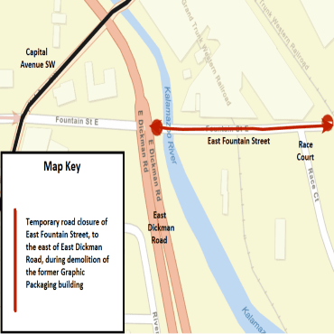 A Battle Creek city street map showing the temporary road closure as a solid, red line.