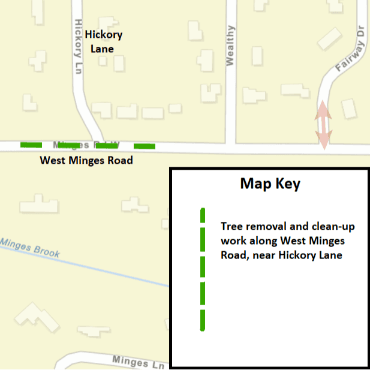 A Battle Creek city street map showing the tree removal and clean-up work as a dashed green line.