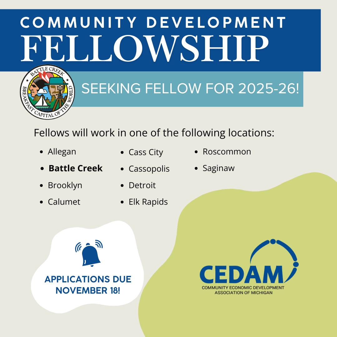 Community Development Fellowship flyer with a call for applications for 2025-26 in various Michigan 