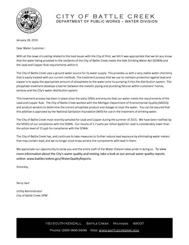 Water Division letter regarding lead and copper