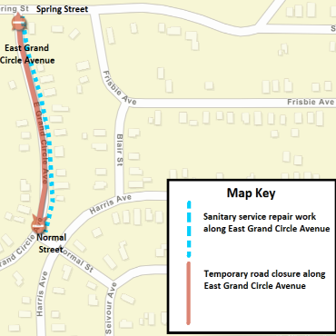 A Battle Creek city street map showing the sanitary service repair work and temporary road closure.