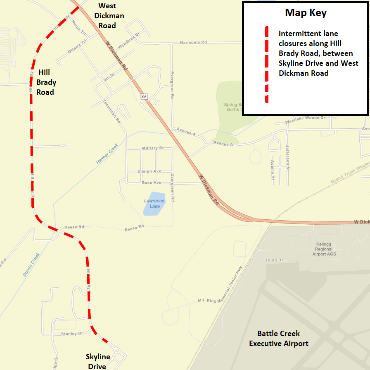 A Battle Creek city street map showing the intermittent lane closures as a dashed red line.