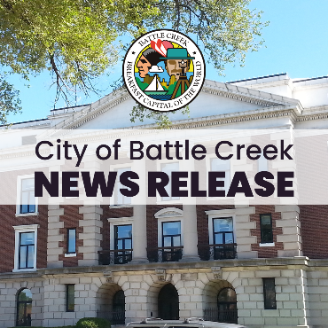 An image of Battle Creek's City Hall with the city logo that reads, 