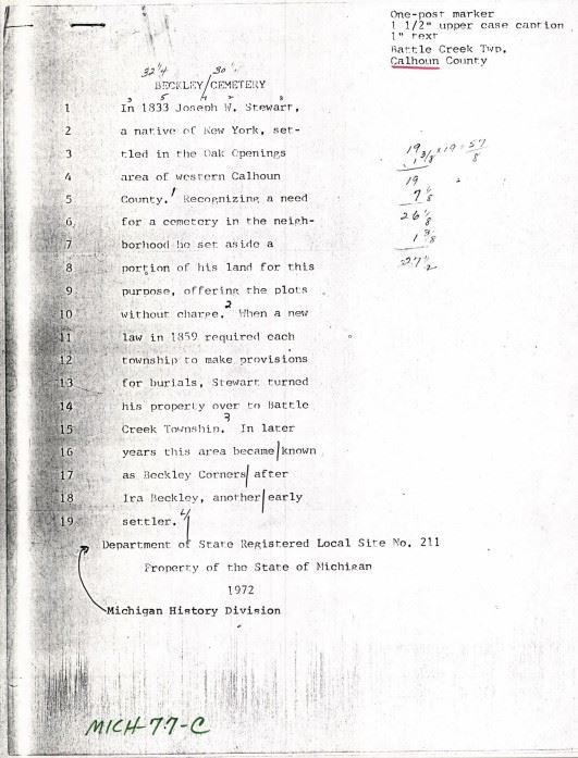 Beckley Cemetery Historical Marker Text Site No. 211 MICH-77-C