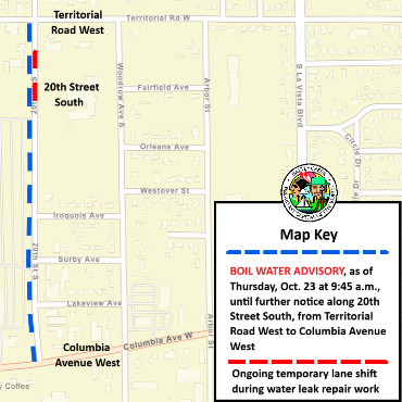 A Battle Creek city street map showing the BOIL WATER ADVISORY as a dashed dark-blue line.