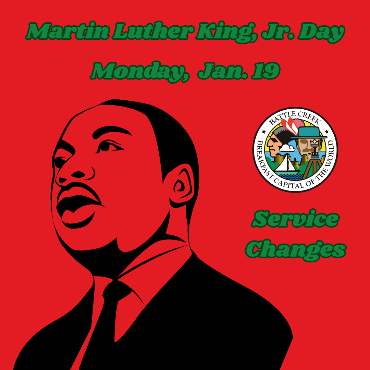 A graphic of a black silhouette of Martin Luther King, Jr. on a red background with the city logo.