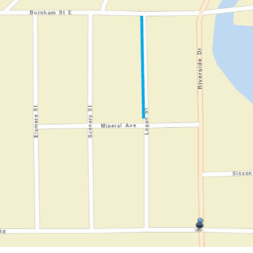 Map showing blue line on Logan Street from Burnham to Mineral for sewer work