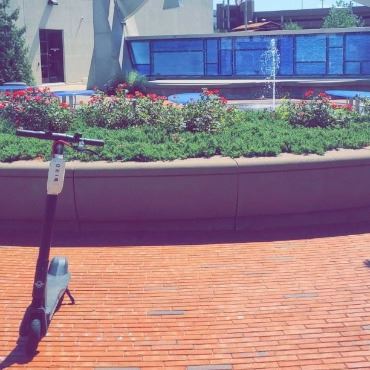 Bird electric scooter standing in Wave Square downtown, on sunny day