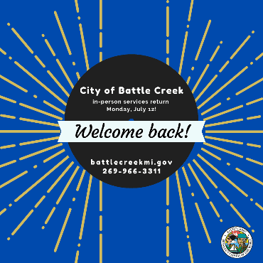 Blue square background, gold starbursts on the sides, welcome back banner in the middle, city logo