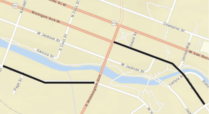 Black lines over Hamblin and Michigan avenues on city map, marking bridge work