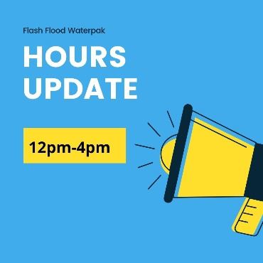Yellow megaphone on light blue background with text: Flash Flood Waterpark hours update 12 pm-4 pm