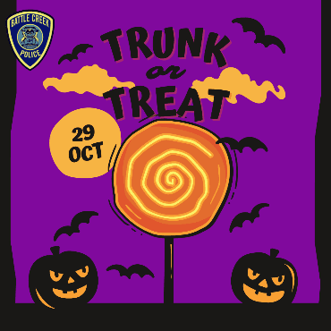 Purple square with black border, police badge, text trunk or treat, with bats, pumpkins, big sucker