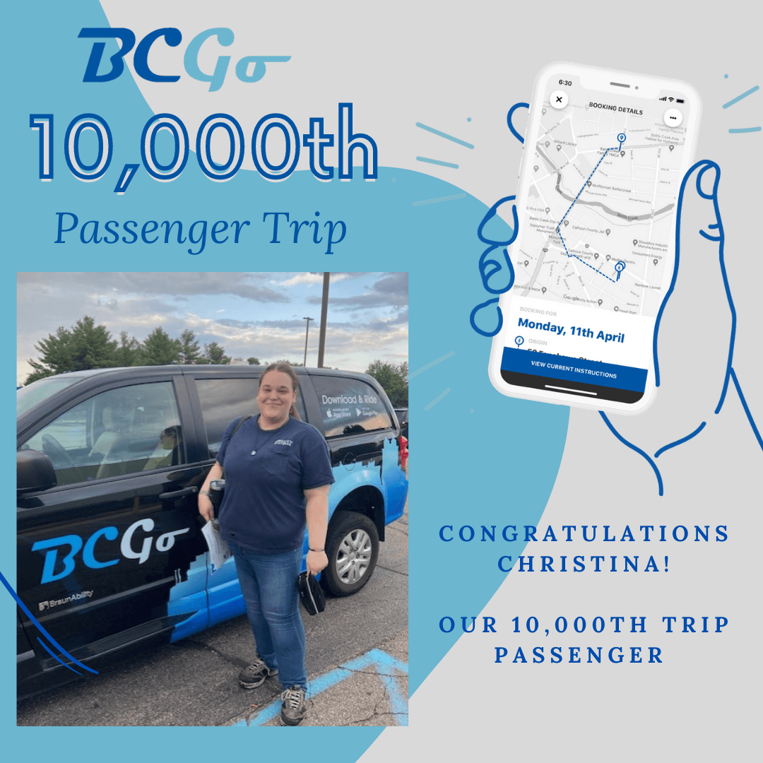 Blue and gray background with graphic hand holding phone, woman standing next to BCGo minivan