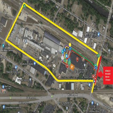 A city street map showing the closure of South Kendall St., from Grand Trunk Ave. to Lafayette Ave.