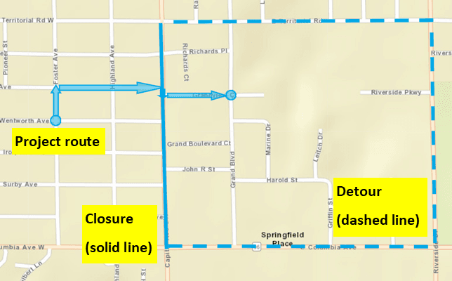 City street map with teal line on Capital SW from Territorial to Columbia; dashed line shows detour.