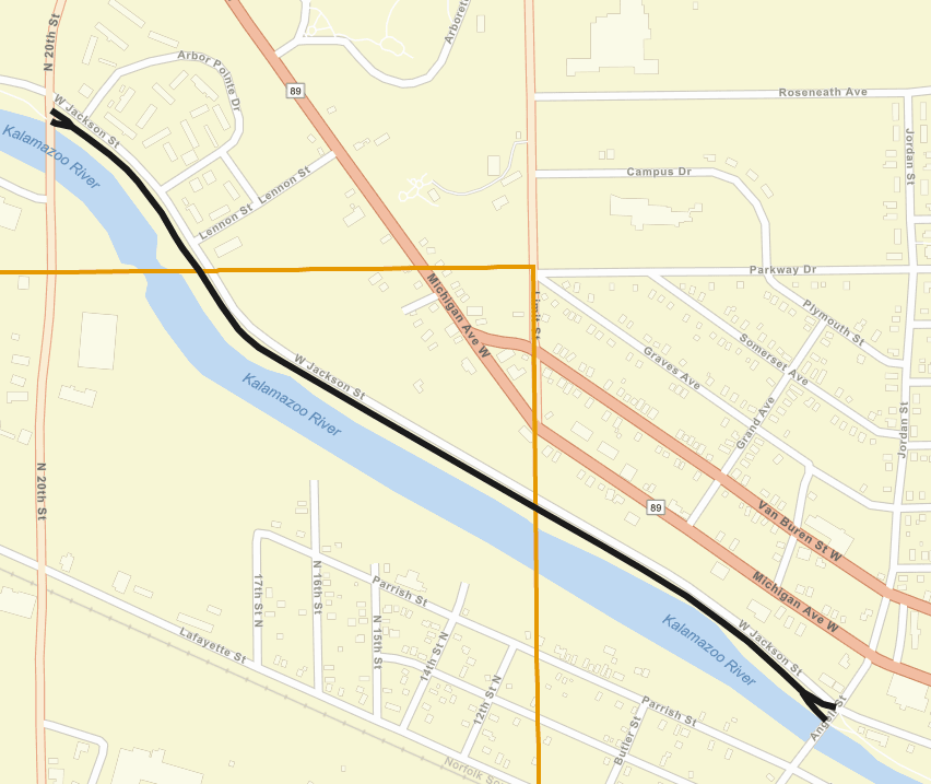 A city street map showing the Linear Park path paving project as a black line.