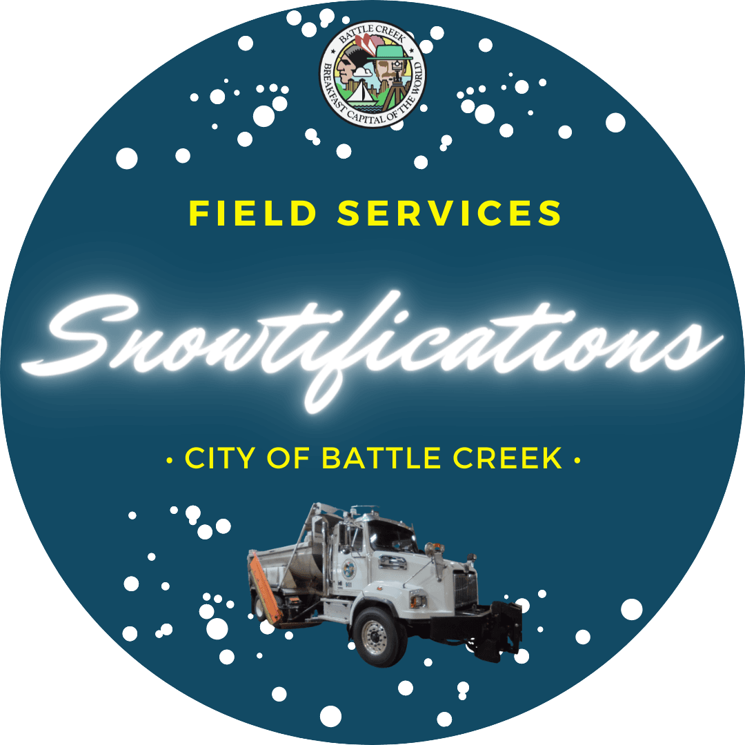 Round, dark blue Snowtifications logo, with Battle Creek plow truck