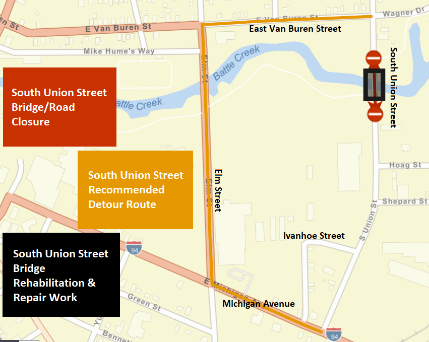 A city street map showing the bridge work (black), road closure (red) and recommended detour (gold).