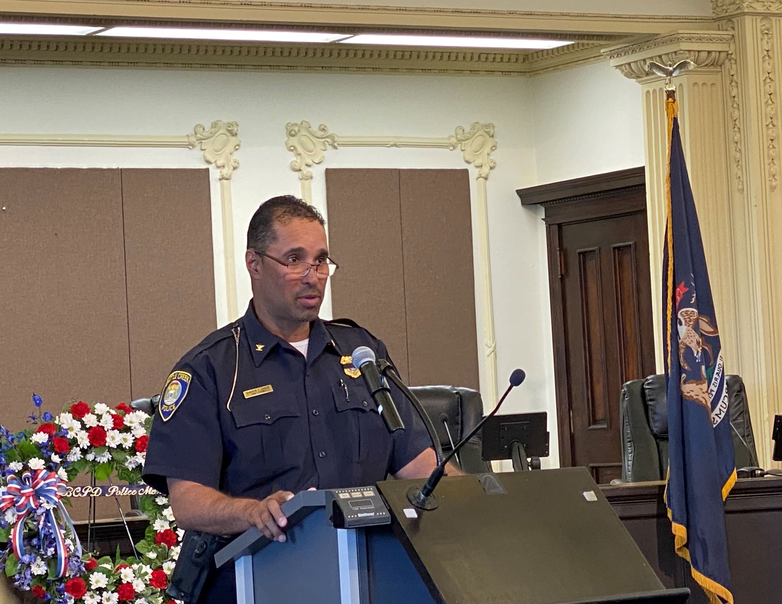 BCPD Interim Chief Shannon Bagley gives opening remarks during the ceremony.