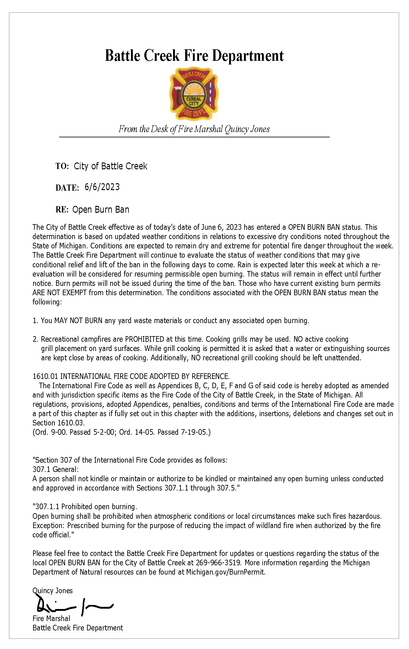 A letter from BCFD Fire Marshal Quincy Jones detailing the immediate OPEN BURN BAN.