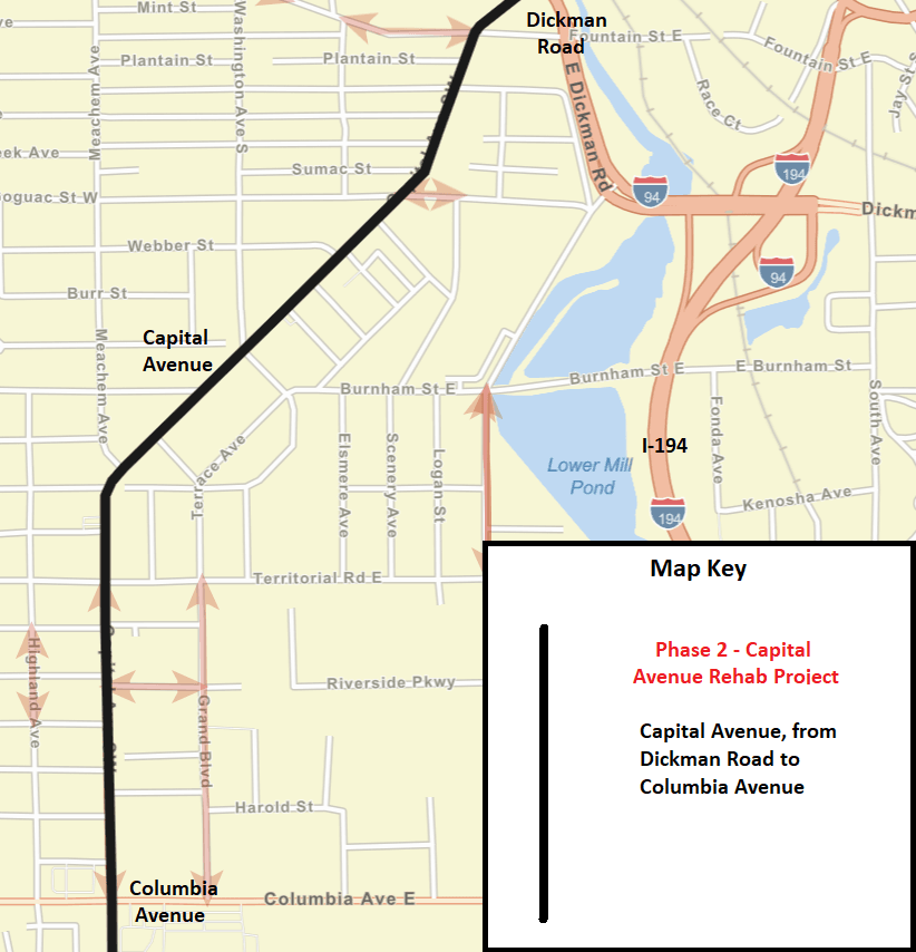 A Battle Creek city street map showing Phase 2 of the Capital Avenue rehab project.