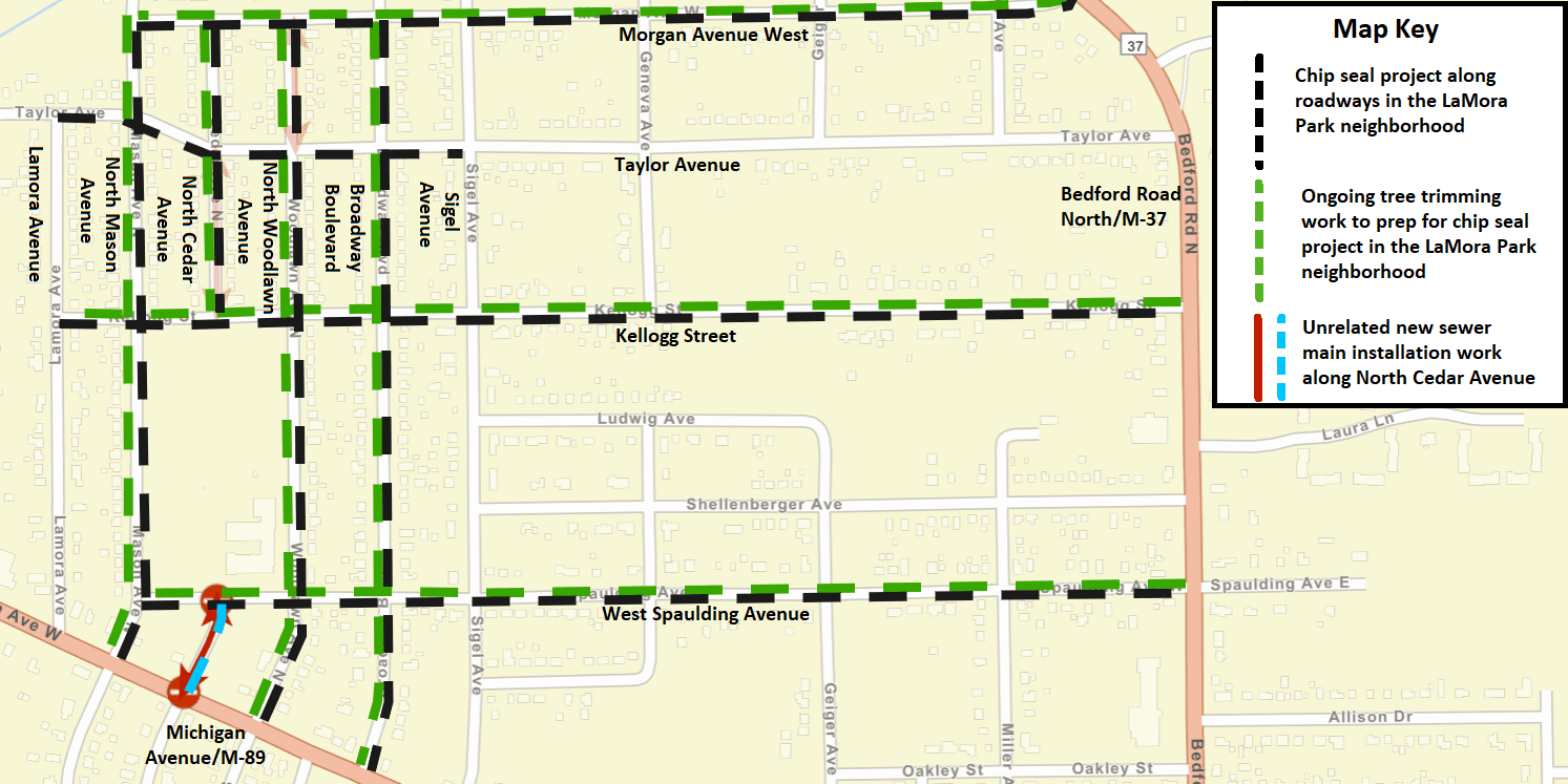 A Battle Creek city street map showing the chip seal project as black dashed lines.